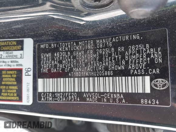 2017 Toyota Camry Hybrid LE with VIN 4T1BD1FK1HU205886, listed as a IAAI auction lot 42554467 with 147,474 mi miles and . Bid and sale history available at DreamBid. Image 9.