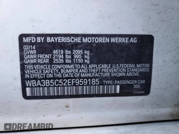 2014 BMW 3 Series 328i xDrive with VIN WBA3B5C52EF959185, listed as a Copart auction lot 90523435 with 47,007 mi miles and Clean title. Bid and sale history available at DreamBid. Image 12.