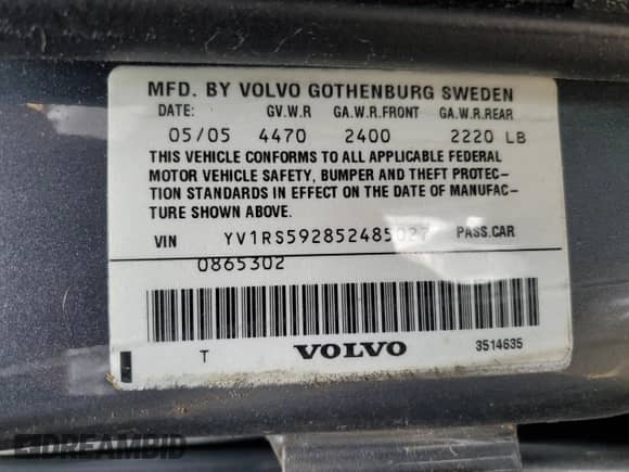 2005 Volvo S60 с VIN YV1RS592852485027, выставлен на аукционе Copart как лот 80148185 с пробегом 149 720 миль миль и Списание • Salvage title. История ставок и продаж доступна на DreamBid. Изображение 12.