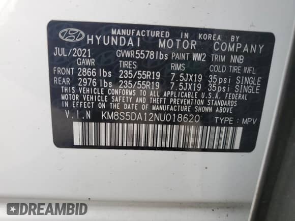 2022 Hyundai Santa Fe Limited with VIN KM8S5DA12NU018620, listed as a Copart auction lot 80389225 with 28,867 mi miles and Salvage title. Bid and sale history available at DreamBid. Image 14.