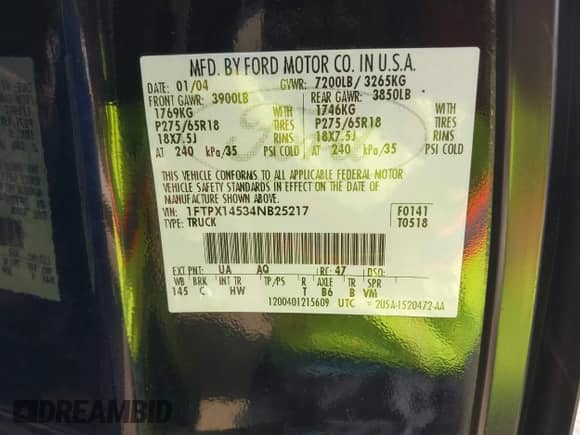 2004 Ford F-150 XLT with VIN 1FTPX14534NB25217, listed as a IAAI auction lot 43236385 with 212,545 mi miles and . Bid and sale history available at DreamBid. Image 9.