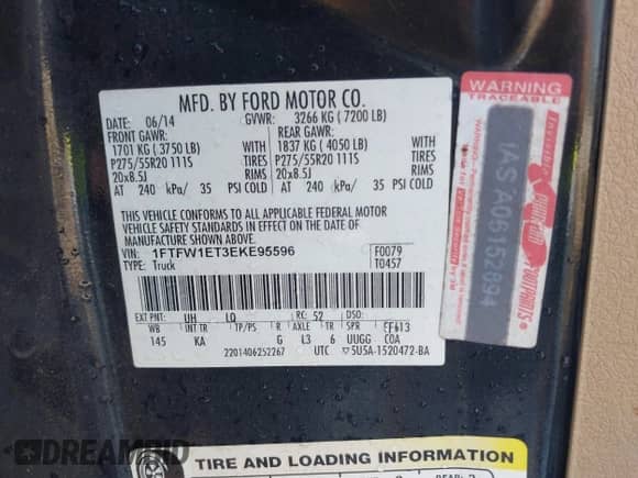 2014 Ford F-150 XL z VIN 1FTFW1ET3EKE95596, wystawiony jako IAAI lot #43184562 z przebiegiem 125 153 mil mil oraz . Historia ofert i sprzedaży dostępna na DreamBid. Obrazek 9.