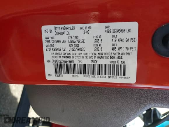 2006 Dodge RAM with VIN 3D3KS28C56G249886, listed as a Copart auction lot 47891535 with 287,149 mi miles and Salvage title. Bid and sale history available at DreamBid. Image 12.