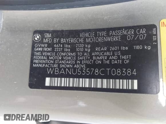 2008 BMW 5 Series 528i с VIN WBANU53578CT08384, выставлен на аукционе IAAI как лот 43544483 с пробегом 192 398 миль миль и . История ставок и продаж доступна на DreamBid. Изображение 9.