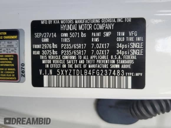 2015 Hyundai Santa Fe with VIN 5XYZTDLB4FG237483, listed as a Copart auction lot 68867815 with 113,007 mi miles and Clean title. Bid and sale history available at DreamBid. Image 13.