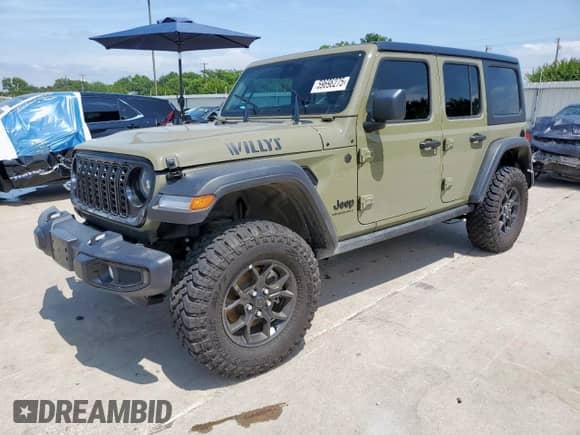 2025 Jeep Wrangler Willys с VIN 1C4PJXDN7SW509335, выставлен на аукционе Copart как лот 59698275 с пробегом 3 335 миль миль и Списание • Salvage title. История ставок и продаж доступна на DreamBid. Изображение 1.