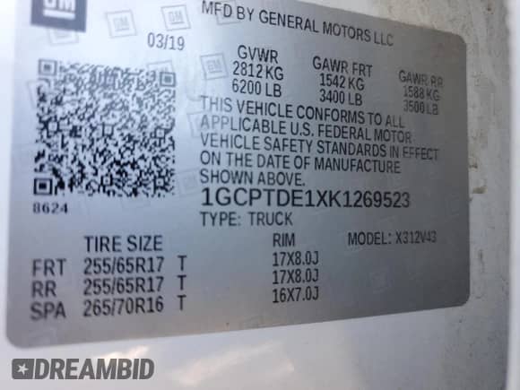 2019 Chevrolet Colorado 4WD Z71 with VIN 1GCPTDE1XK1269523, listed as a Copart auction lot 75628594 with 78,231 mi miles and Salvage title. Bid and sale history available at DreamBid. Image 12.