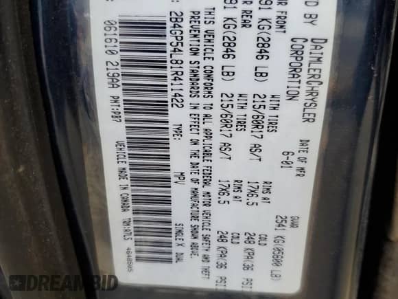 2001 Dodge Caravan ES with VIN 2B4GP54L81R411422, listed as a Copart auction lot 71964204 with 329,372 mi miles and Salvage title. Bid and sale history available at DreamBid. Image 13.