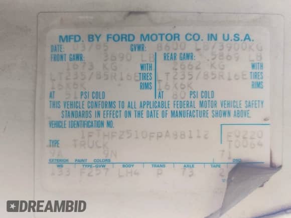 1985 Ford F-250 with VIN 1FTHF2510FPA88112, listed as a IAAI auction lot 42871694 with 8,209 mi miles and . Bid and sale history available at DreamBid. Image 9.