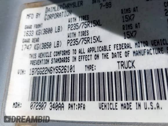 2000 Dodge Dakota Sport z VIN 1B7GG22N6YS526101, wystawiony jako IAAI lot #42646766 z przebiegiem 236 142 mil mil oraz . Historia ofert i sprzedaży dostępna na DreamBid. Obrazek 9.