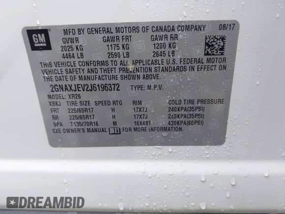 2018 Chevrolet Equinox LT z VIN 2GNAXJEV2J6196372, wystawiony jako IAAI lot #43393874 z przebiegiem 81 176 mil mil oraz . Historia ofert i sprzedaży dostępna na DreamBid. Obrazek 9.