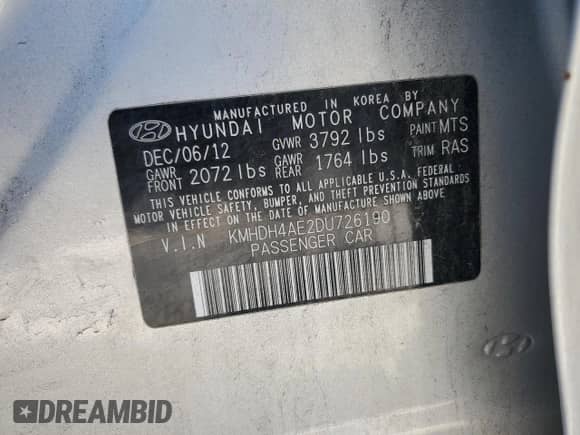 2013 Hyundai Elantra GLS with VIN KMHDH4AE2DU726190, listed as a Copart auction lot 90703835 with 63,570 mi miles and Clean title. Bid and sale history available at DreamBid. Image 12.