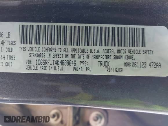 2019 Ram 1500 Laramie z VIN 1C6SRFJT4KN888646, wystawiony jako IAAI lot #43163494 z przebiegiem 109 262 mil mil oraz . Historia ofert i sprzedaży dostępna na DreamBid. Obrazek 9.
