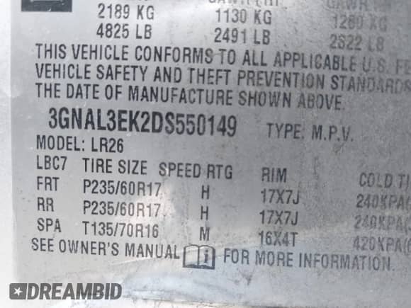 2013 Chevrolet Captiva Sport LT with VIN 3GNAL3EK2DS550149, listed as a IAAI auction lot 42004582 with 160,102 mi miles and . Bid and sale history available at DreamBid. Image 9.