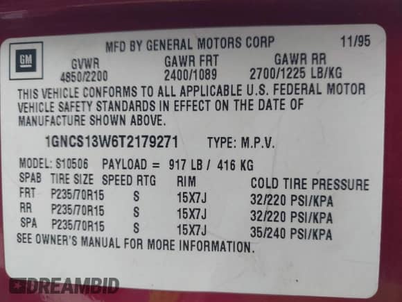 1996 Chevrolet Blazer z VIN 1GNCS13W6T2179271, wystawiony jako IAAI lot #41621943 z przebiegiem 103 498 mil mil oraz . Historia ofert i sprzedaży dostępna na DreamBid. Obrazek 9.