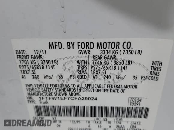 2012 Ford F-150 FX4 z VIN 1FTFW1EF7CFA29024, wystawiony jako Copart lot #81741775 z przebiegiem 214 080 mil mil oraz Szkoda całkowita • Salvage title. Historia ofert i sprzedaży dostępna na DreamBid. Obrazek 12.