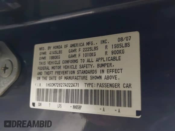 2007 Honda Accord EX-L с VIN 1HGCM72627A022471, выставлен на аукционе IAAI как лот 41849143 с пробегом 250 250 миль миль и . История ставок и продаж доступна на DreamBid. Изображение 9.