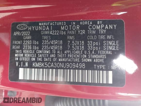 2022 Hyundai Kona Limited with VIN KM8K5CA30NU909498, listed as a IAAI auction lot 43451526 with 6,115 mi miles and . Bid and sale history available at DreamBid. Image 9.