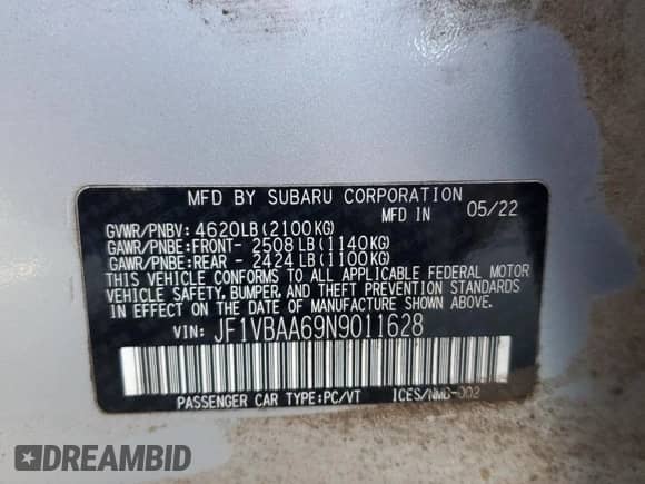 2022 Subaru WRX with VIN JF1VBAA69N9011628, listed as a Copart auction lot 65618295 with 53,740 mi miles and Salvage title. Bid and sale history available at DreamBid. Image 13.