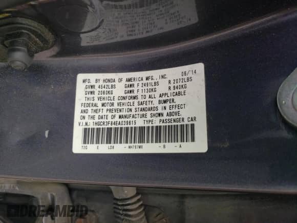 2014 Honda Accord EX-L with VIN 1HGCR3F84EA039615, listed as a Copart auction lot 86696185 with 93,446 mi miles and Salvage title. Bid and sale history available at DreamBid. Image 12.