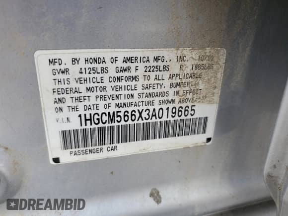 2003 Honda Accord EX with VIN 1HGCM566X3A019665, listed as a Copart auction lot 65499895 with 148,667 mi miles and Clean title. Bid and sale history available at DreamBid. Image 12.