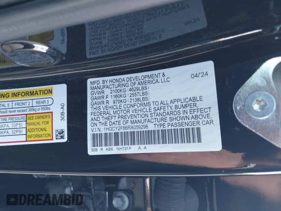 2024 Honda Accord EX-L with VIN 1HGCY2F66RA059298, listed as a IAAI auction lot 42050147 with 30,085 mi miles and . Bid and sale history available at DreamBid. Image 9.