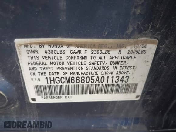 2005 Honda Accord EX-L с VIN 1HGCM66805A011343, выставлен на аукционе IAAI как лот 43225816 с пробегом 235 944 миль миль и . История ставок и продаж доступна на DreamBid. Изображение 9.