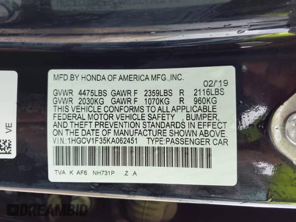 2019 Honda Accord Sport с VIN 1HGCV1F35KA062451, выставлен на аукционе IAAI как лот 43169035 с пробегом 92 259 миль миль и . История ставок и продаж доступна на DreamBid. Изображение 9.