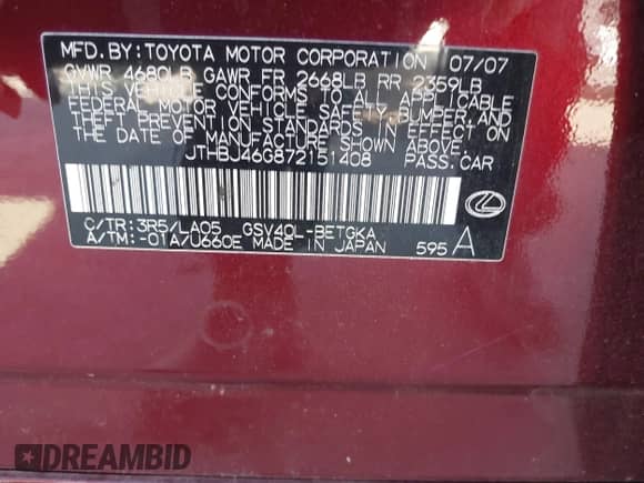 2007 Lexus ES 330 z VIN JTHBJ46G872151408, wystawiony jako IAAI lot #43556328 z przebiegiem 167 323 mil mil oraz . Historia ofert i sprzedaży dostępna na DreamBid. Obrazek 9.