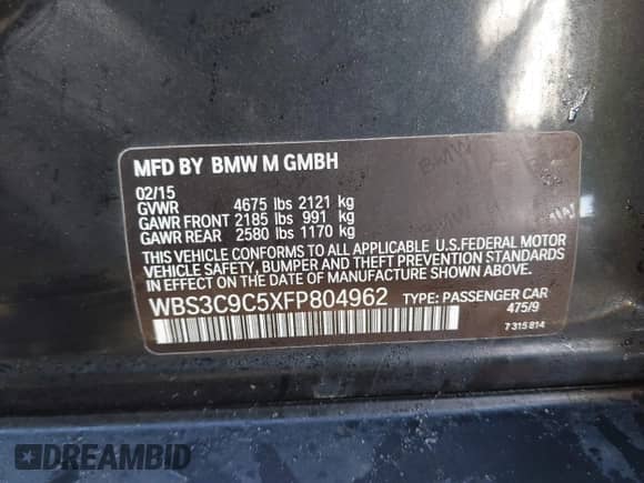 2015 BMW M3 with VIN WBS3C9C5XFP804962, listed as a IAAI auction lot 41862128 with 88,948 mi miles and . Bid and sale history available at DreamBid. Image 9.