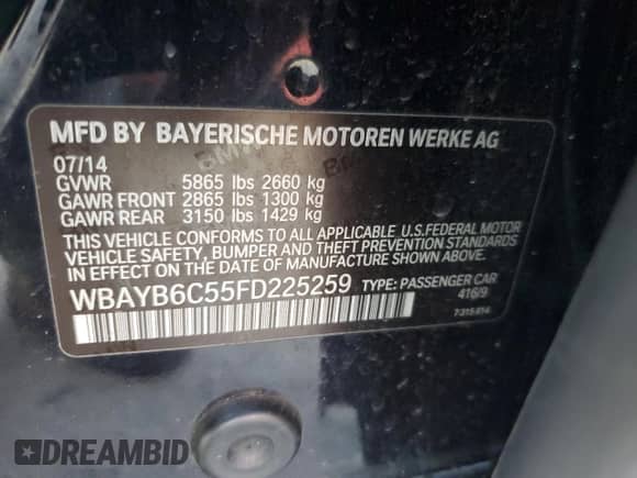 2015 BMW 7 Series 750i xDrive with VIN WBAYB6C55FD225259, listed as a Copart auction lot 51104975 with 93,307 mi miles and Salvage title. Bid and sale history available at DreamBid. Image 14.