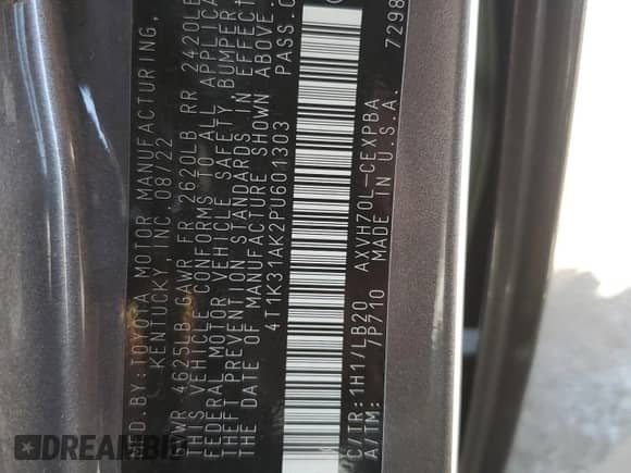 2023 Toyota Camry Hybrid XSE с VIN 4T1K31AK2PU601303, выставлен на аукционе Copart как лот 81736455 с пробегом 23 901 миль миль и Списание • Salvage title. История ставок и продаж доступна на DreamBid. Изображение 12.