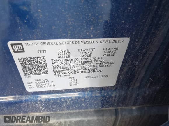 2022 Chevrolet Equinox LT с VIN 3GNAXKEV8NL309670, выставлен на аукционе IAAI как лот 42911665 с пробегом 41 258 миль миль и . История ставок и продаж доступна на DreamBid. Изображение 9.