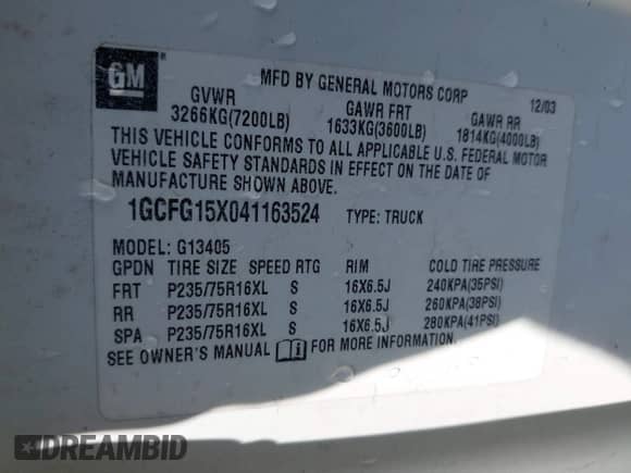 2004 Chevrolet Express Cargo with VIN 1GCFG15X041163524, listed as a IAAI auction lot 42206916 with 150,765 mi miles and . Bid and sale history available at DreamBid. Image 9.