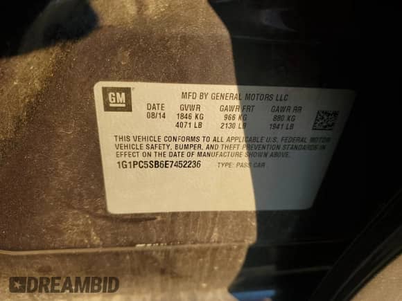 2014 Chevrolet Cruze 1LT with VIN 1G1PC5SB6E7452236, listed as a Copart auction lot 83848925 with 134,550 mi miles and Salvage title. Bid and sale history available at DreamBid. Image 12.