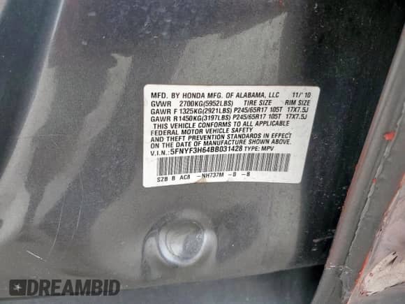 2011 Honda Pilot EX-L z VIN 5FNYF3H64BB031428, wystawiony jako Copart lot #57106745 z przebiegiem 236 012 mil mil oraz Czysty tytuł • Clean title. Historia ofert i sprzedaży dostępna na DreamBid. Obrazek 12.