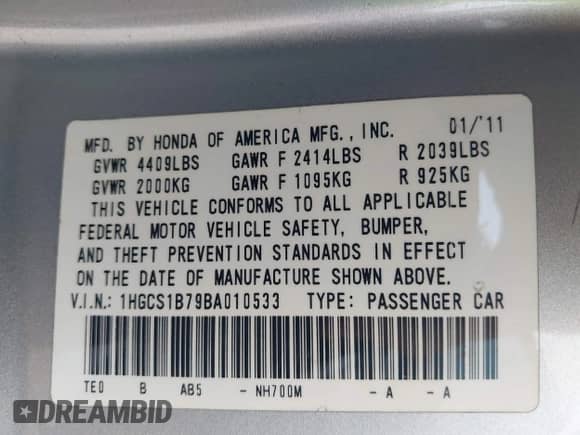 2011 Honda Accord EX with VIN 1HGCS1B79BA010533, listed as a IAAI auction lot 42673916 with 230,490 mi miles and . Bid and sale history available at DreamBid. Image 9.