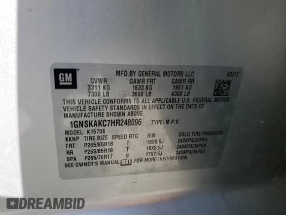 2017 Chevrolet Tahoe LS с VIN 1GNSKAKC7HR248096, выставлен на аукционе Copart как лот 61771655 с пробегом 88 068 миль миль и Списание • Salvage title. История ставок и продаж доступна на DreamBid. Изображение 13.
