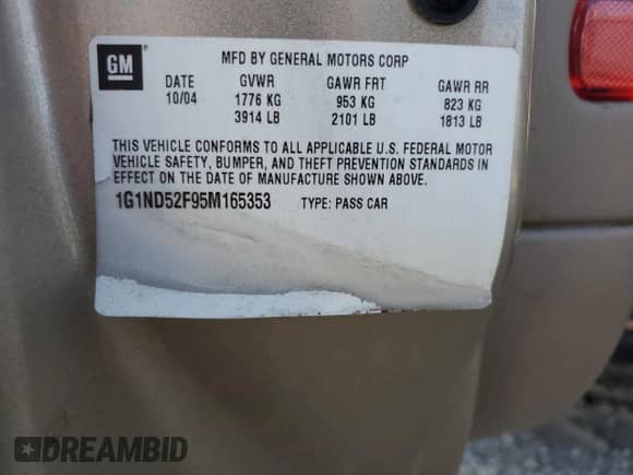 2005 Chevrolet Malibu Classic с VIN 1G1ND52F95M165353, выставлен на аукционе Copart как лот 71995275 с пробегом 202 996 миль миль и Списание • Salvage title. История ставок и продаж доступна на DreamBid. Изображение 12.