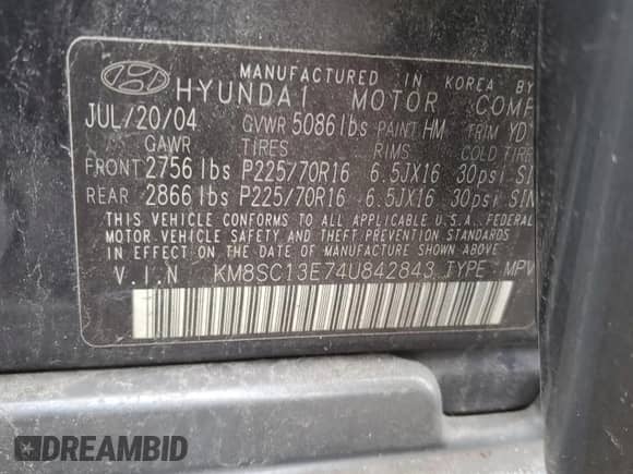 2004 Hyundai Santa Fe GLS с VIN KM8SC13E74U842843, выставлен на аукционе Copart как лот 84851334 с пробегом Не указан миль и Списание • Salvage title. История ставок и продаж доступна на DreamBid. Изображение 13.