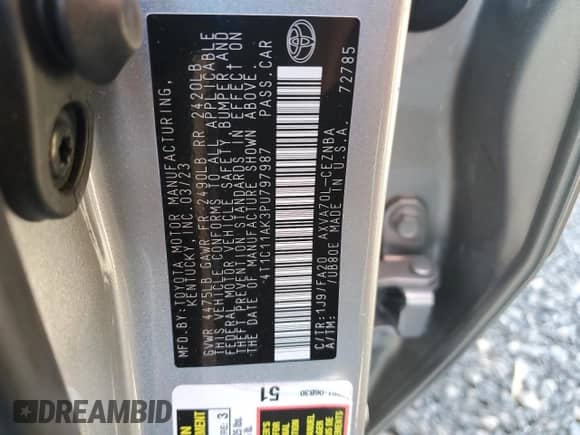 2023 Toyota Camry LE z VIN 4T1C11AK3PU797987, wystawiony jako Copart lot #87260595 z przebiegiem 28 172 mil mil oraz Szkoda całkowita • Salvage title. Historia ofert i sprzedaży dostępna na DreamBid. Obrazek 12.