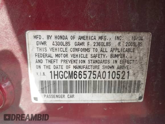 2005 Honda Accord EX-L with VIN 1HGCM66575A010521, listed as a IAAI auction lot 43134142 with 215,684 mi miles and . Bid and sale history available at DreamBid. Image 9.