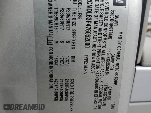 2007 Chevrolet Equinox LT с VIN 2CNDL63F476052000, выставлен на аукционе Copart как лот 79932273 с пробегом 38 171 миль миль и Списание • Salvage title. История ставок и продаж доступна на DreamBid. Изображение 13.