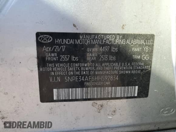 2017 Hyundai Sonata Sport with VIN 5NPE34AF6HH592834, listed as a Copart auction lot 71989524 with 103,511 mi miles and Salvage title. Bid and sale history available at DreamBid. Image 12.