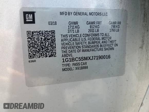 2018 Chevrolet Cruze LS с VIN 1G1BC5SMXJ7190016, выставлен на аукционе Copart как лот 62886775 с пробегом 101 654 миль миль и Списание • Salvage title. История ставок и продаж доступна на DreamBid. Изображение 12.