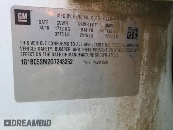 2016 Chevrolet Cruze LS с VIN 1G1BC5SM2G7243252, выставлен на аукционе Copart как лот 80509955 с пробегом 226 917 миль миль и Списание • Salvage title. История ставок и продаж доступна на DreamBid. Изображение 12.