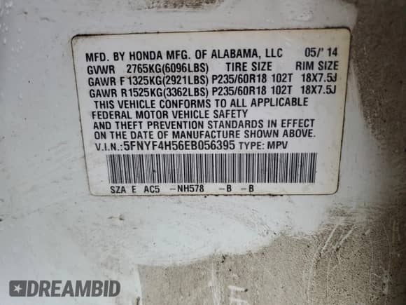 2014 Honda Pilot EX-L z VIN 5FNYF4H56EB056395, wystawiony jako Copart lot #87113095 z przebiegiem 175 241 mil mil oraz Czysty tytuł • Clean title. Historia ofert i sprzedaży dostępna na DreamBid. Obrazek 13.