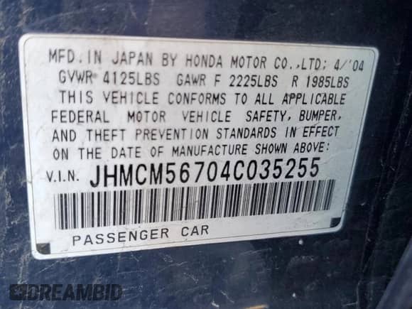2004 Honda Accord EX with VIN JHMCM56704C035255, listed as a Copart auction lot 90131765 with 242,478 mi miles and Salvage title. Bid and sale history available at DreamBid. Image 13.