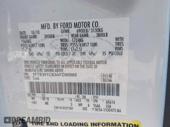 2010 Ford F-150 XL with VIN 1FTEW1C83AFD90585, listed as a IAAI auction lot 43062304 with 187,076 mi miles and . Bid and sale history available at DreamBid. Image 9.