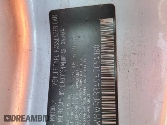 2004 MINI Hardtop with VIN WMWRC33494TC54180, listed as a Copart auction lot 87096995 with 160,028 mi miles and Salvage title. Bid and sale history available at DreamBid. Image 12.